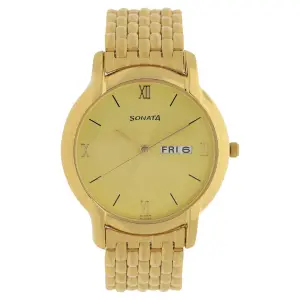 Sonata Quartz Analog with Day and Date Champagne Dial Metal Strap Watch for Men