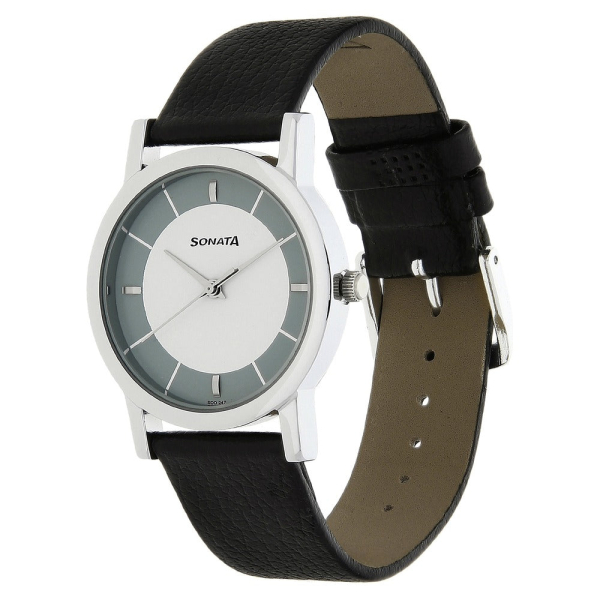 Sonata Quartz Analog White Dial Leather Strap Watch for Men - Image 2