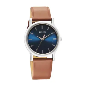 Sonata Classic Quartz Analog Blue Dial Brown Leather Strap Watch for Men