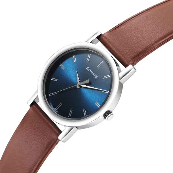Sonata Classic Quartz Analog Blue Dial Brown Leather Strap Watch for Men - Image 2