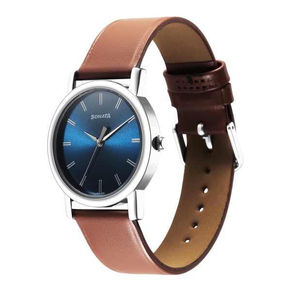 Sonata Classic Quartz Analog Blue Dial Brown Leather Strap Watch for Men - Image 3