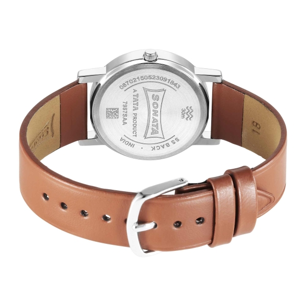 Sonata Classic Quartz Analog Blue Dial Brown Leather Strap Watch for Men - Image 4