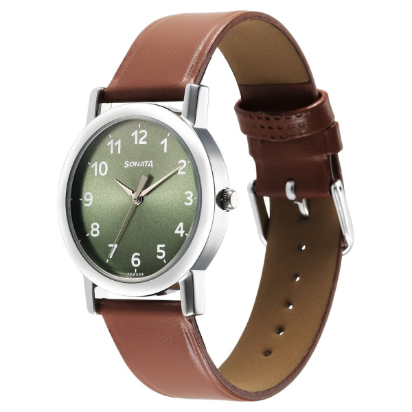 Sonata Classique Quartz Analog Green Dial Brown Leather Strap Watch for Men - Image 2