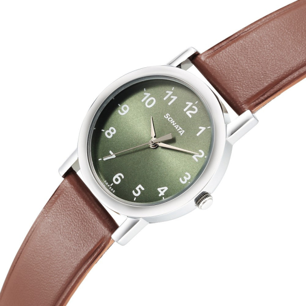 Sonata Classique Quartz Analog Green Dial Brown Leather Strap Watch for Men - Image 3