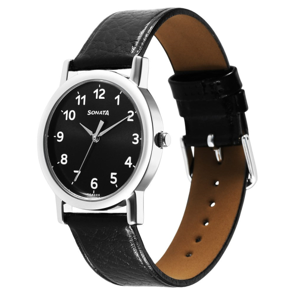 Sonata Classique Quartz Analog Black Dial Black Leather Strap Watch for Men - Image 2