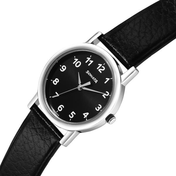 Sonata Classique Quartz Analog Black Dial Black Leather Strap Watch for Men - Image 3