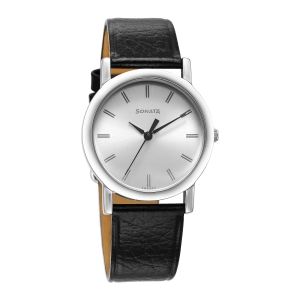Sonata Classic Quartz Analog Silver Dial Black Leather Strap Watch for Men