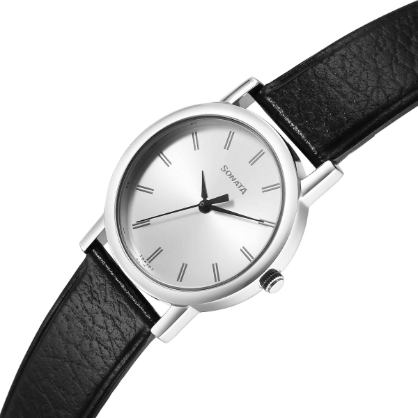 Sonata Classic Quartz Analog Silver Dial Black Leather Strap Watch for Men - Image 2