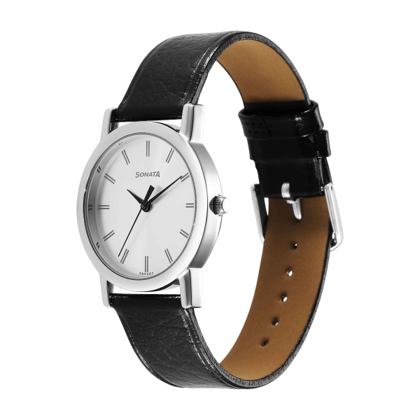 Sonata Classic Quartz Analog Silver Dial Black Leather Strap Watch for Men - Image 3