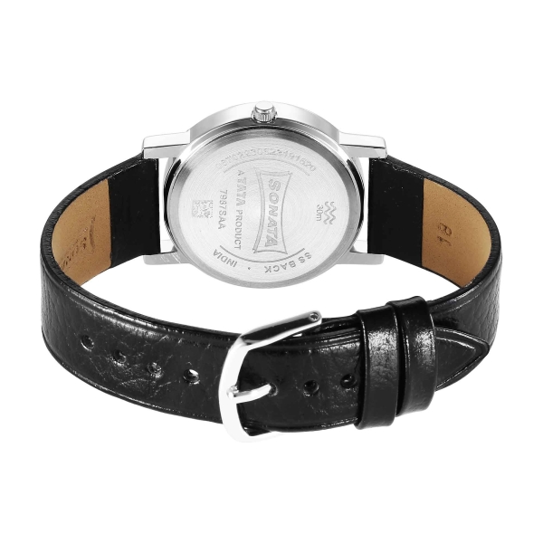 Sonata Classic Quartz Analog Silver Dial Black Leather Strap Watch for Men - Image 4