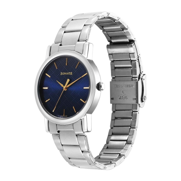 Sonata Classic Quartz Analog Blue Dial Silver Stainless Steel Strap Watch for Men - Image 3