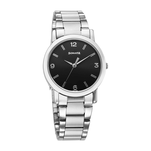 Sonata Classic Quartz Analog Black Dial Silver Stainless Steel Strap Watch for Men - Image 2