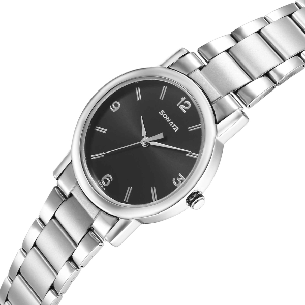 Sonata Classic Quartz Analog Black Dial Silver Stainless Steel Strap Watch for Men - Image 3