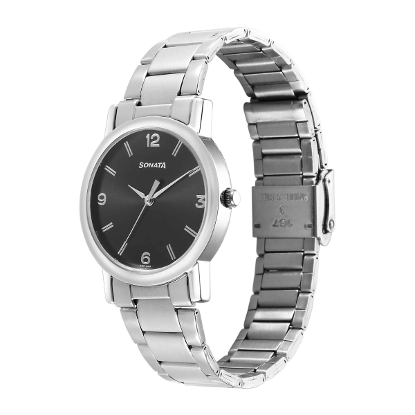 Sonata Classic Quartz Analog Black Dial Silver Stainless Steel Strap Watch for Men - Image 4