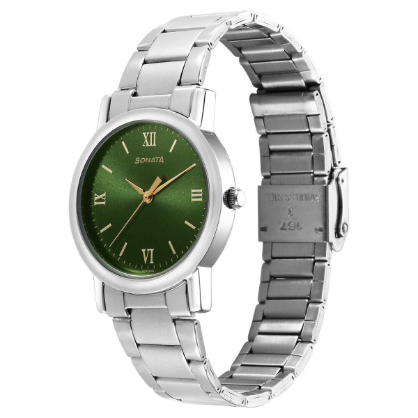 Sonata Classic Quartz Analog Green Dial Silver Stainless Steel Strap Watch for Men - Image 2