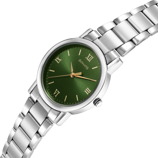 Sonata Classic Quartz Analog Green Dial Silver Stainless Steel Strap Watch for Men - Image 3