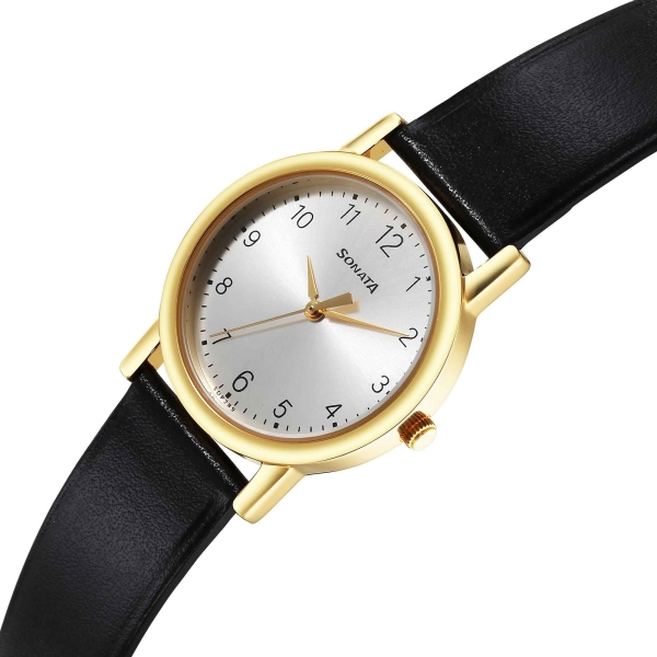 Sonata Classic Quartz Analog Silver Dial Black Leather Strap Watch for Men - Image 2