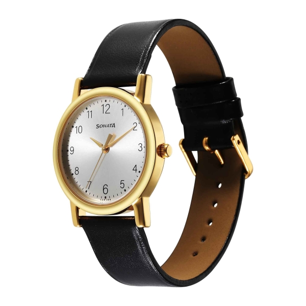 Sonata Classic Quartz Analog Silver Dial Black Leather Strap Watch for Men - Image 3