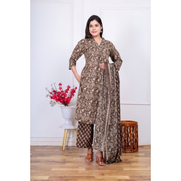 Bisesh Creation Brown V-neck Floral Printed Front Pleated Kurta Pant Shawl Set For Women - Image 5
