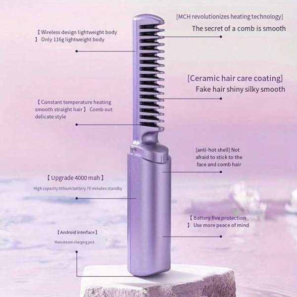 Rechargeable Mini Hair Straightener Brush, Portable Straightening Comb (Color May Vary) - Image 3
