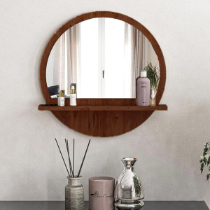 Moon Mirror Shelf Round Decorative Wall Mirror with Wooden Shelf 45 x 45 cm, Hallway Mirror, for Bedroom, Living Room, Home, Bathroom, Easy to Assemble in Walnut Brown