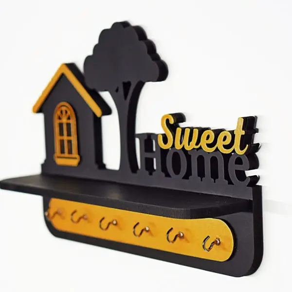 Sweet Home Wooden Wall Self 5 Hook Key Holder in Matt Black - Image 2