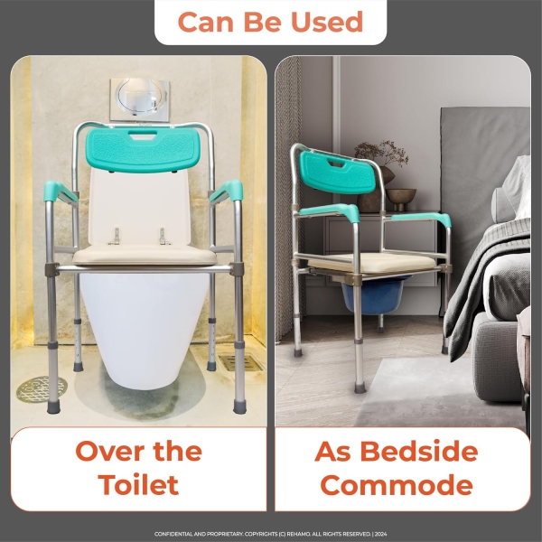 Commode - Soft Seat, Folding Aluminum Frame, Armrest & Backrest, Removable Bin with Lid - Image 2