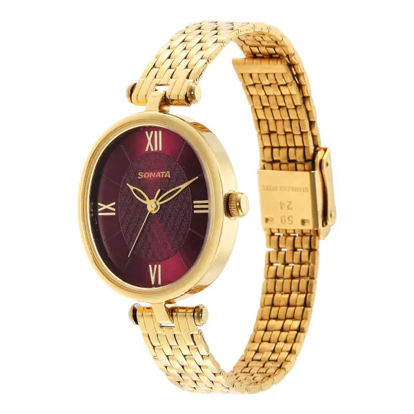 Classic Gold Maroon Dial Metal Strap Watch for Women - Image 2
