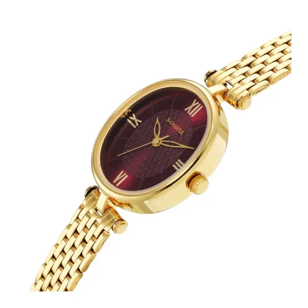 Classic Gold Maroon Dial Metal Strap Watch for Women - Image 3
