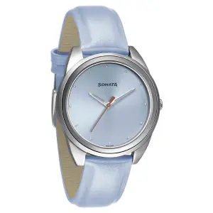 Sonata Women of Steel Blue Dial Leather Strap Watch for Women