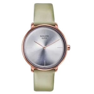 Sonata Sleek Quartz Analog Silver Dial Grey Leather Strap Watch for Women