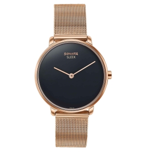 Sonata Sleek Quartz Analog Black Dial Rose Gold Stainless Steel Strap Watch for Women