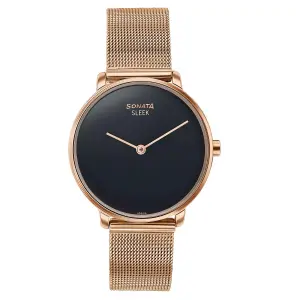 Sonata Sleek Quartz Analog Black Dial Rose Gold Stainless Steel Strap Watch for Women