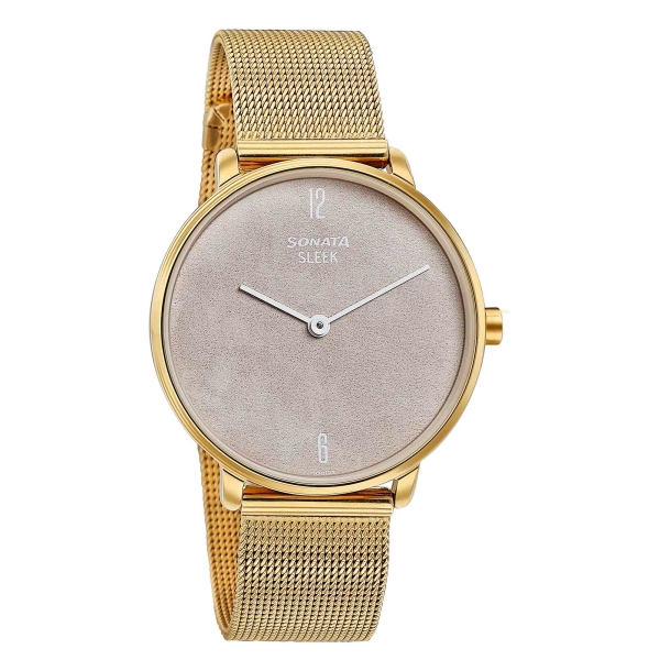 Sonata Sleek Gold-Toned Mesh Bracelet Watch with Minimal Sundial Dial and Arabic Numerals - Image 2