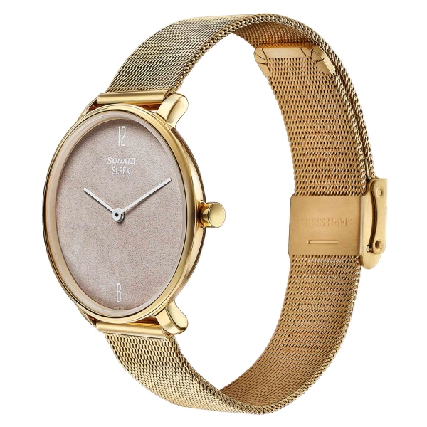 Sonata Sleek Gold-Toned Mesh Bracelet Watch with Minimal Sundial Dial and Arabic Numerals - Image 3