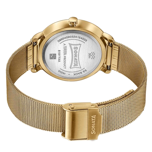 Sonata Sleek Gold-Toned Mesh Bracelet Watch with Minimal Sundial Dial and Arabic Numerals - Image 5