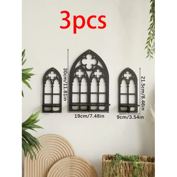 Gothic Wall Shelf Set - Cathedral Arch Wood Shelves for Home Decor, Candles Holder & Pot Stand - Stylish Home Wall Art, Black Wood Wall Shelf ( 3 pc ) - Image 2