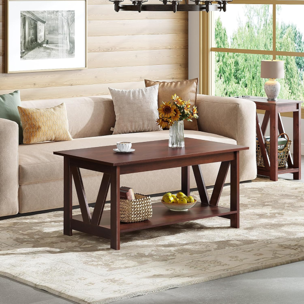 Veera Coffee Table for Living Room, 40" Center Table with V-Frame Support & Storage Shelf, 2-Tier Wood Coffee Tables for Bedroom & Balcony - Image 6