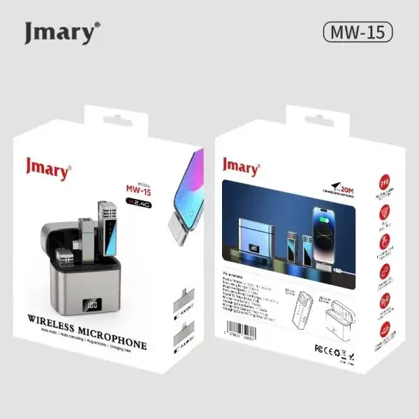 Jmary MW-15 2.4GHz Dual Wireless Microphone For Mobile Available in USB-Cand iOS With Charging Case