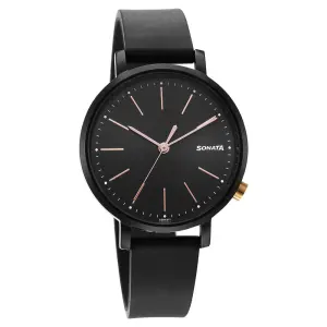 Sonata Essentials Black Dial Polyurethane Strap Watch for Women