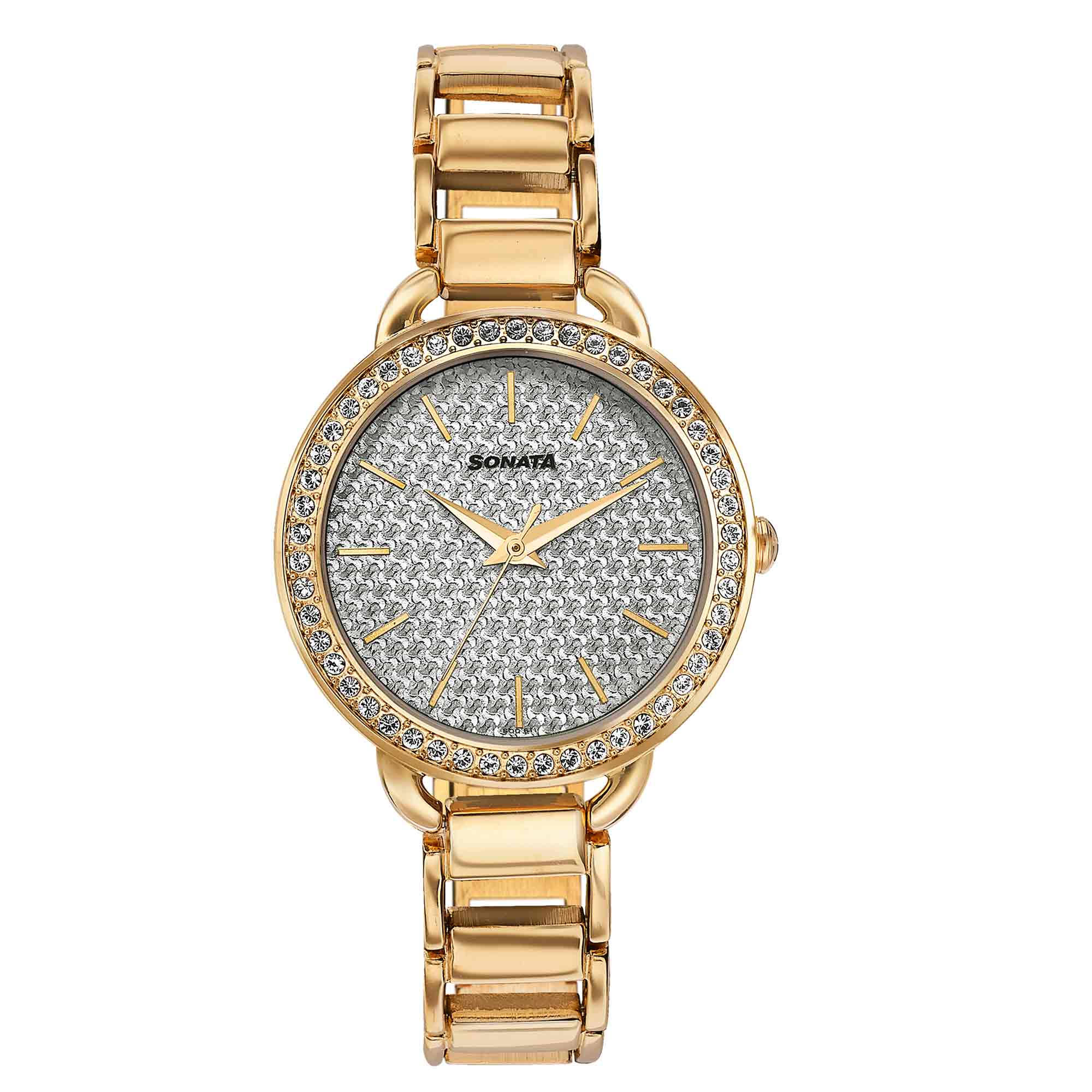 Sonata Wedding Bling Quartz Analog Silver Dial Rose Gold Metal Strap Watch for Women