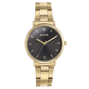 Sonata Quartz Analog Black Dial Golden Stainless Steel Strap Watch For Women