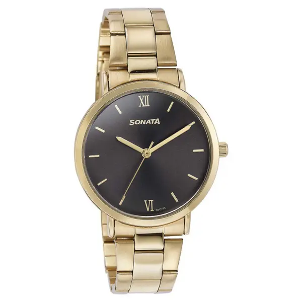 Sonata Quartz Analog Black Dial Golden Stainless Steel Strap Watch For Women - Image 2