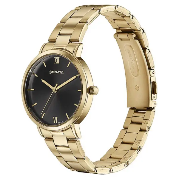 Sonata Quartz Analog Black Dial Golden Stainless Steel Strap Watch For Women - Image 3
