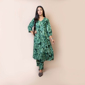 Bisesh Creation Green Single Button Umbrella Kurtha Pant Set Printed For Women