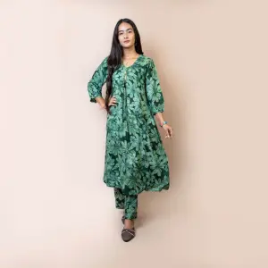 Bisesh Creation Green Single Button Umbrella Kurtha Pant Set Printed For Women