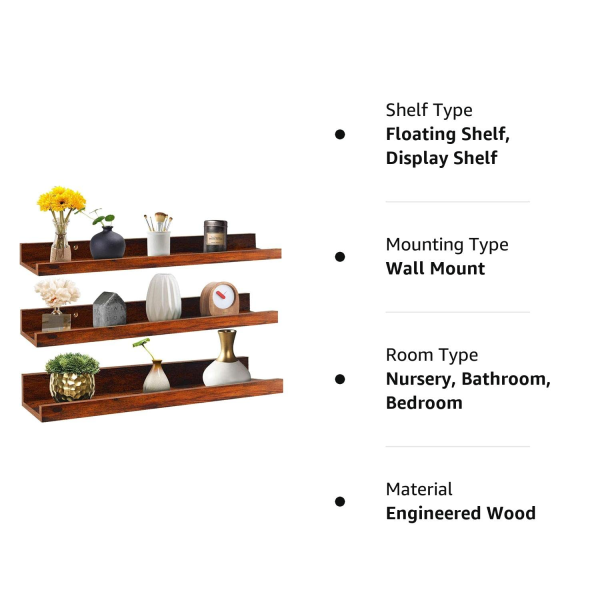 3PC Floating Wall Mount Shelves Living Room & Bedroom Wall Decoration, Multipurpose Shelf in Brown (2ft) - Image 5