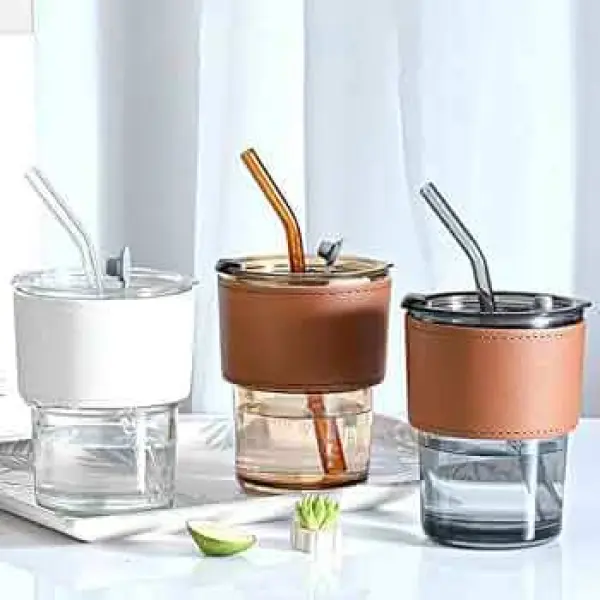 Slub Glass Coffee Mug with Straw Green Tea Sipper Tumbler Mug with Lid - Pack of 1- Travel Mug,Drinking Glass,Glass Sipper,Mason Jar,Can Sipper,Milk Mug,Juice Cup . - Image 2