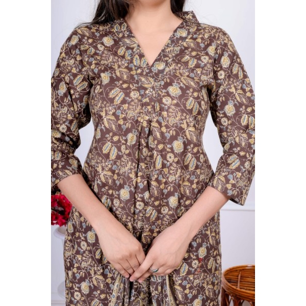 Bisesh Creation Brown V-neck Floral Printed Front Pleated Kurta Pant Shawl Set For Women - Image 3