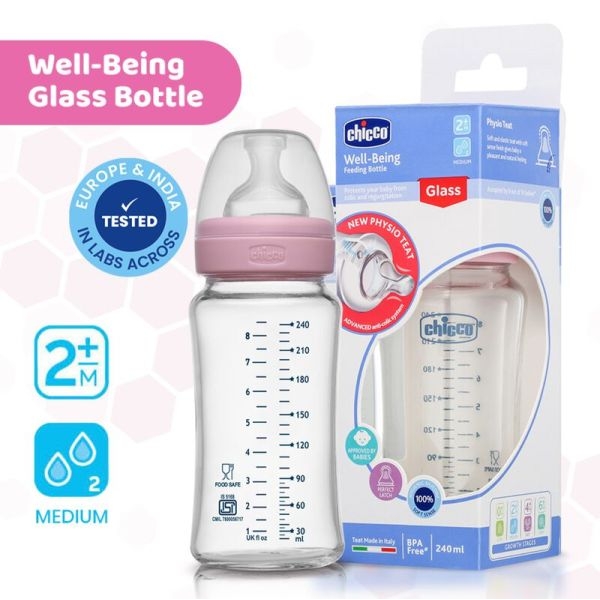 Chicco Well-Being Glass Feeding Bottle (240ml, Medium Flow) (Pink) - Image 3